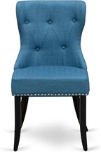 LESI9-SBB-21-9-Piece Dining Room Set Consists of a Modern Table and 8 Blue Linen Fabric Dining Room Chairs with Button Tufted Back - Sand Blasting Black Finish