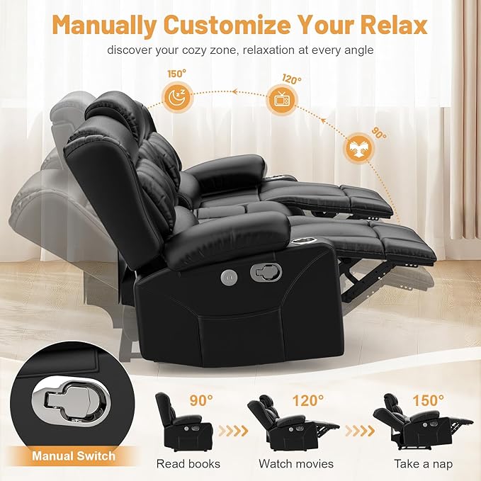 Loveseat Recliner Sofa Set, Flip Middle Backrest Design PU Leather 3 Seater Reclining Sofa and Single Oversized Recliner Chair, Manual Couches for Living Room (Black, PU 3+1)