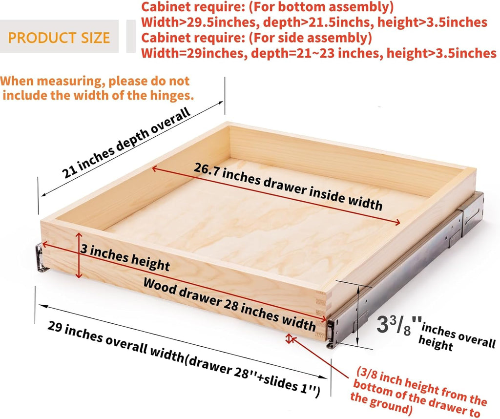 29”W x 21”D x 3”H Soft Close Slide Out Wood Drawer Organizer for Kitchen, (Cabinet Opening>29.5 inches for Bottom Assembly, Width= 29 inches for Side Assembly)