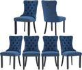 Blue Dining Chairs Set of 6, Upholstered Tufted Linen Fabric Dining Room Chairs with High Back, Nailhead Trim and Black Solid Wood Legs, Modern Dining Chair for Dining Room, Kitchen(Blue)
