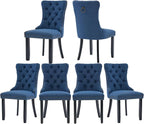 Blue Dining Chairs Set of 6, Upholstered Tufted Linen Fabric Dining Room Chairs with High Back, Nailhead Trim and Black Solid Wood Legs, Modern Dining Chair for Dining Room, Kitchen(Blue)