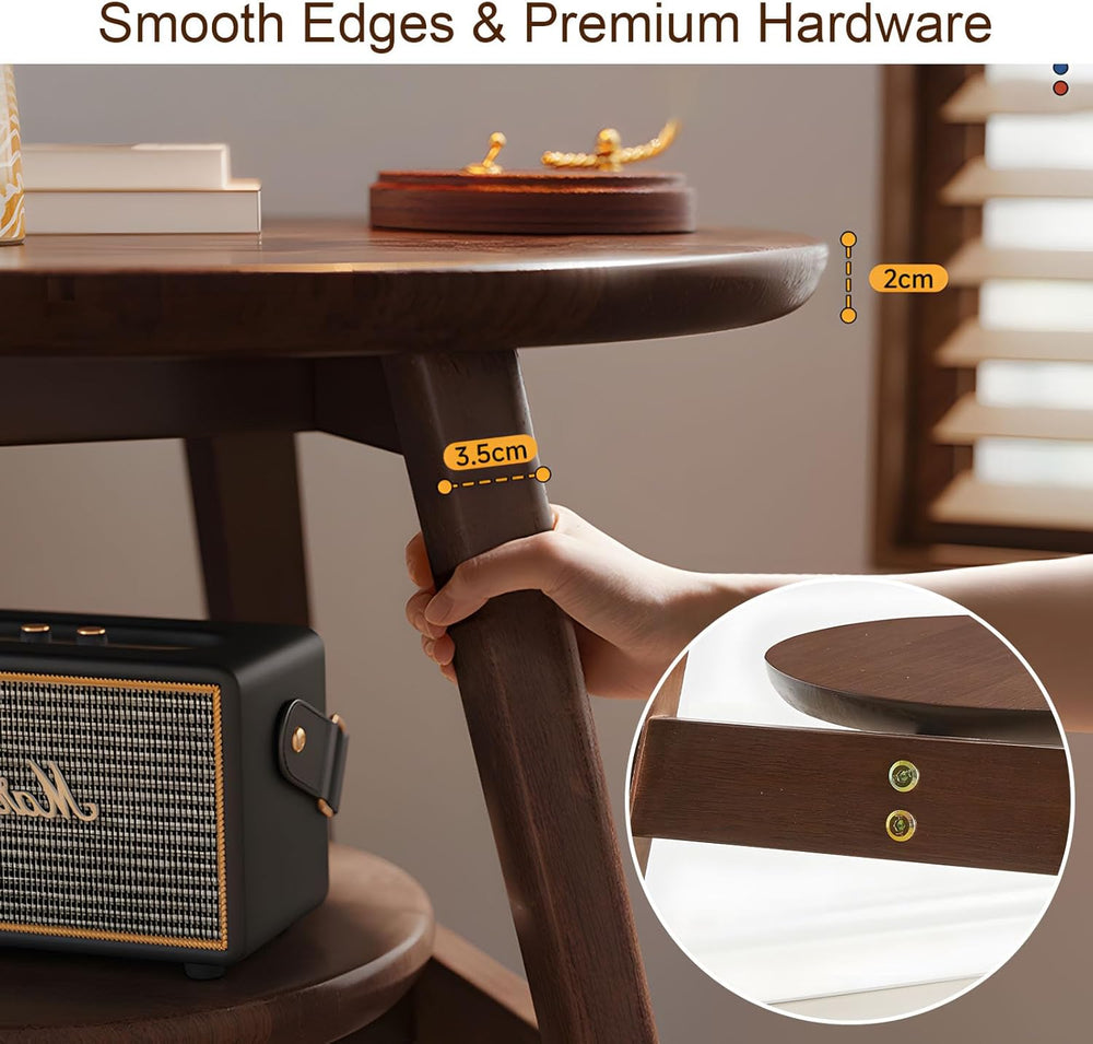 Side Table, Small Round End Table with 2-Tier Shelf, Solid Wood Nightstand fo...