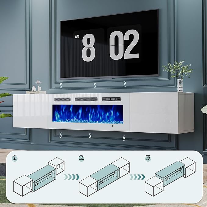 MXV 70'' Floating TV Stand, Modern Media Entertainment Center with 36" Electric Fireplace, TV Console Cabinet Wall Mounted, Adjustable 12-Color LED Lights, for Living Room, White + White