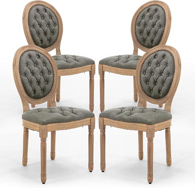 PU Leather Upholstered Dining Chairs Set of 4 French Country Round Back Kitchen Side Chairs with Nailhead Trim and Wood Legs for Dining Room, Kitchen, Restaurant(Pine Green)