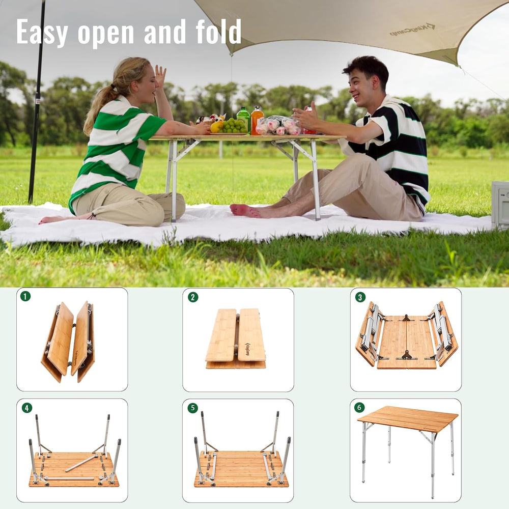 KingCamp Bamboo Folding Camping Table, 4-Fold Adjustable Outdoor Table | Port...