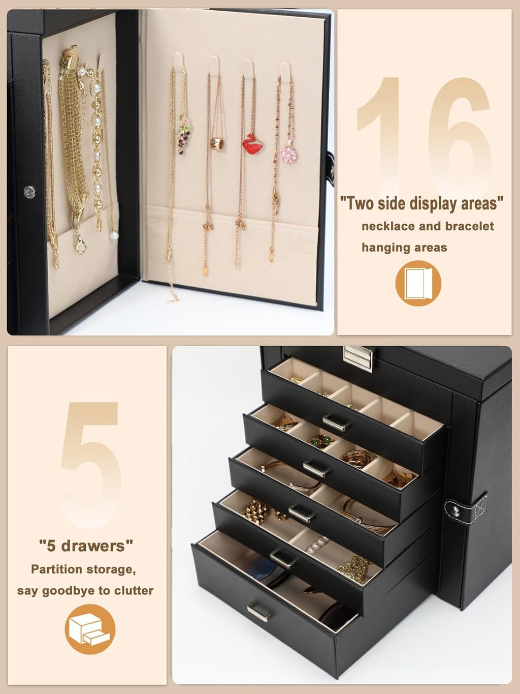 BOOVO Jewelry Box For women, 6 Layer Large Jewelry Organizer With Mirror, Multi-Function Storage Box With Lock, Necklace Holder With 5 Drawers, For Earrings Necklace Bracelet (Silver and Black)