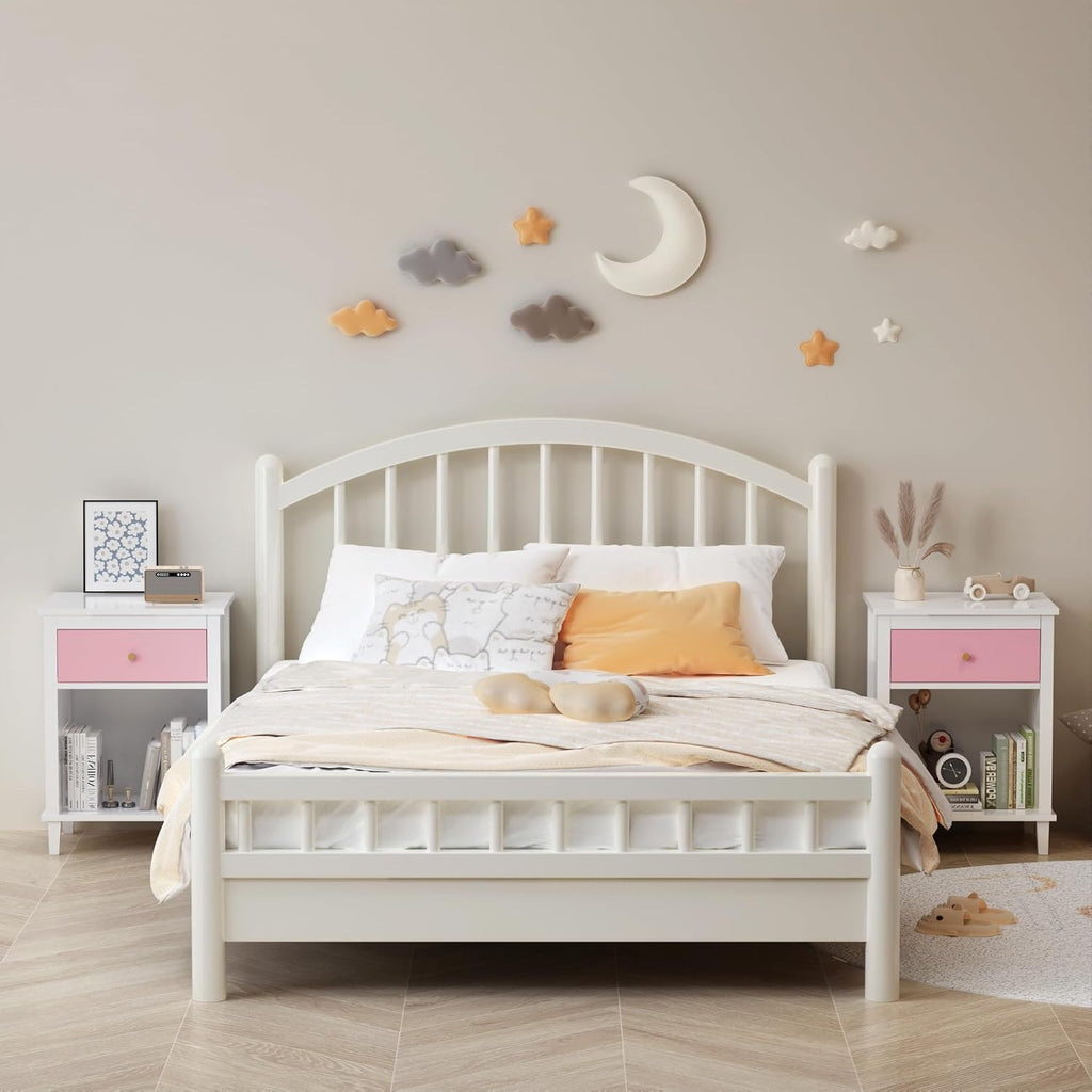 Nightstand with One Drawer & Open Storage Shelf, Modern Wooden Bedside Table for Kids, 26.77''H End Table for Living Room, Bedroom, Toddler Nightstand for Boys and Girls, White+Pink
