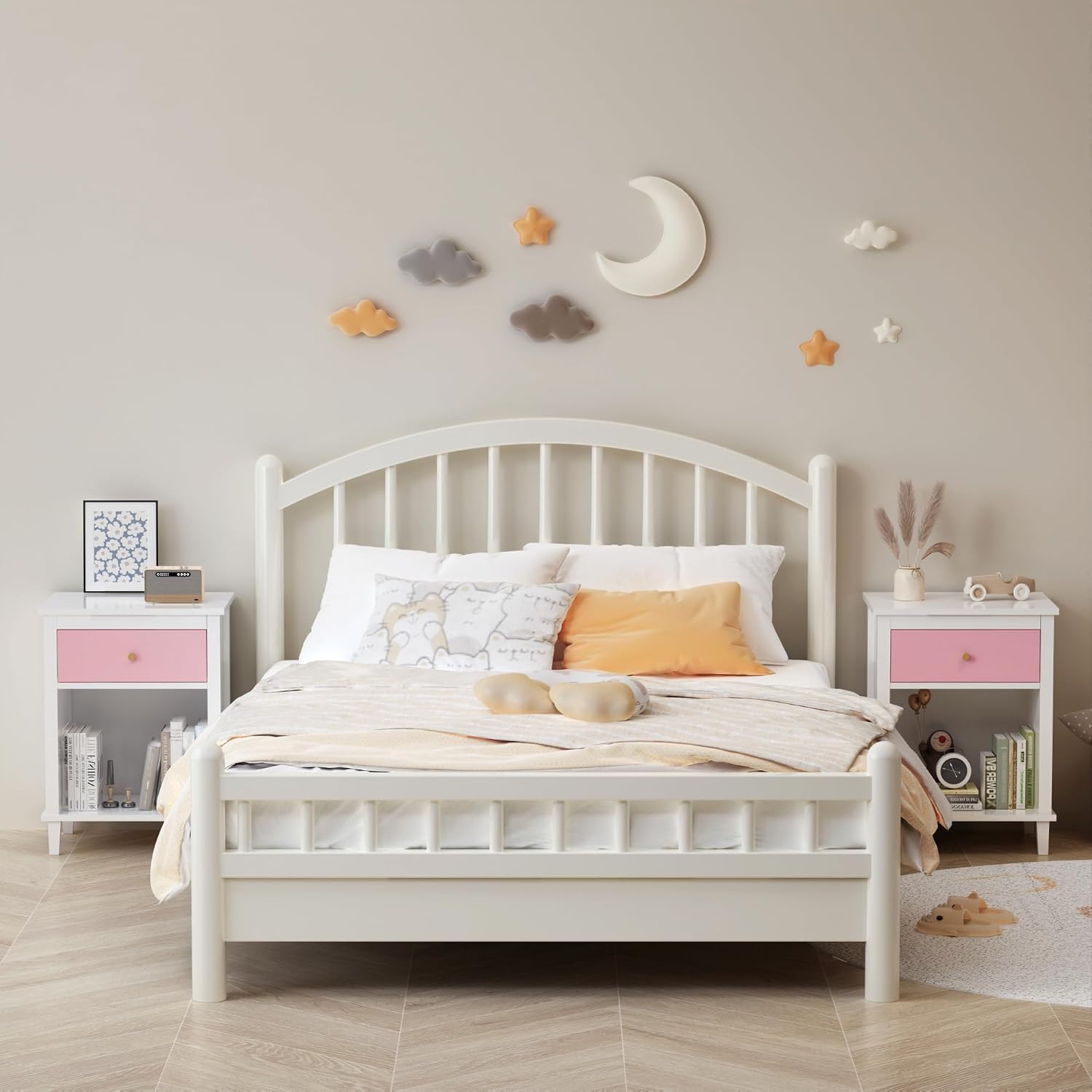 Nightstand with One Drawer & Open Storage Shelf, Modern Wooden Bedside Table for Kids, 26.77''H End Table for Living Room, Bedroom, Toddler Nightstand for Boys and Girls, White+Pink