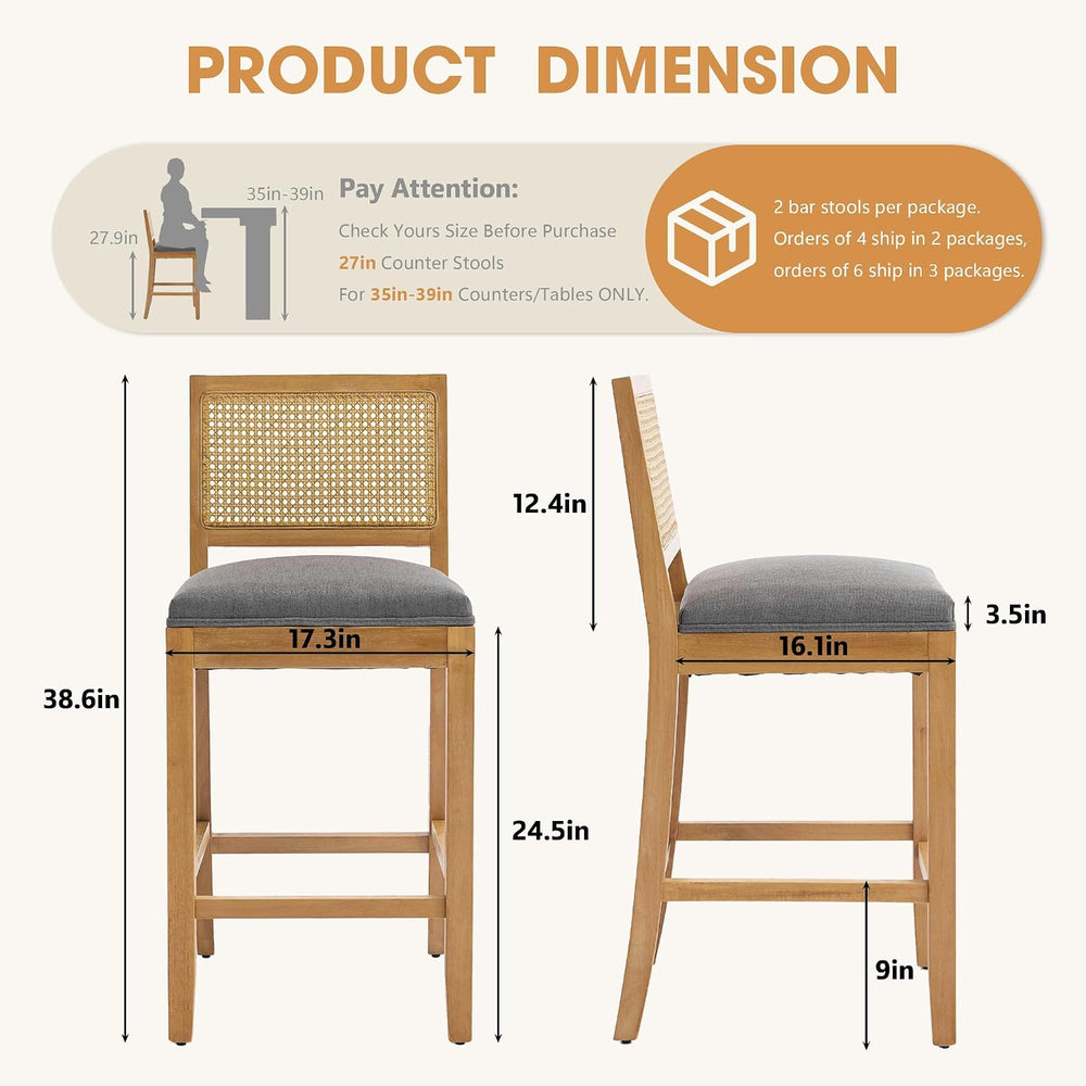 SoarFlash 27" Square Back Rattan Counter Bar Stools Set of 2, Gery