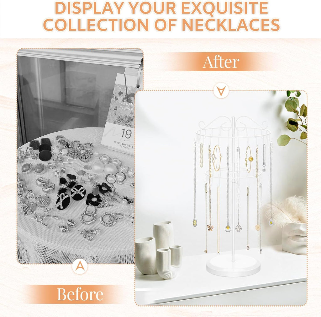 iDavosic.ly 2 Tier Rotating Necklace Holder Organizer with 42 Hooks, Adjustable Metal Bracelet Display Stand Rack, Extra Tall Keychain Spinning Tree Tower for Women, White