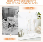 iDavosic.ly 2 Tier Rotating Necklace Holder Organizer with 42 Hooks, Adjustable Metal Bracelet Display Stand Rack, Extra Tall Keychain Spinning Tree Tower for Women, White