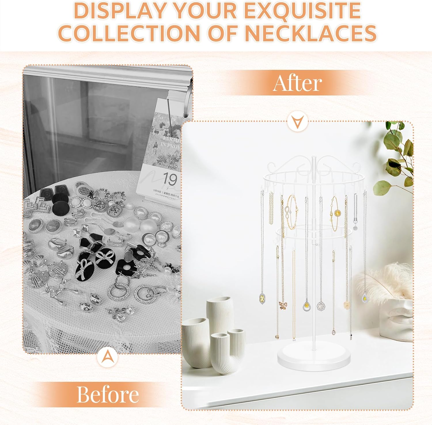 iDavosic.ly 2 Tier Rotating Necklace Holder Organizer with 42 Hooks, Adjustable Metal Bracelet Display Stand Rack, Extra Tall Keychain Spinning Tree Tower for Women, White