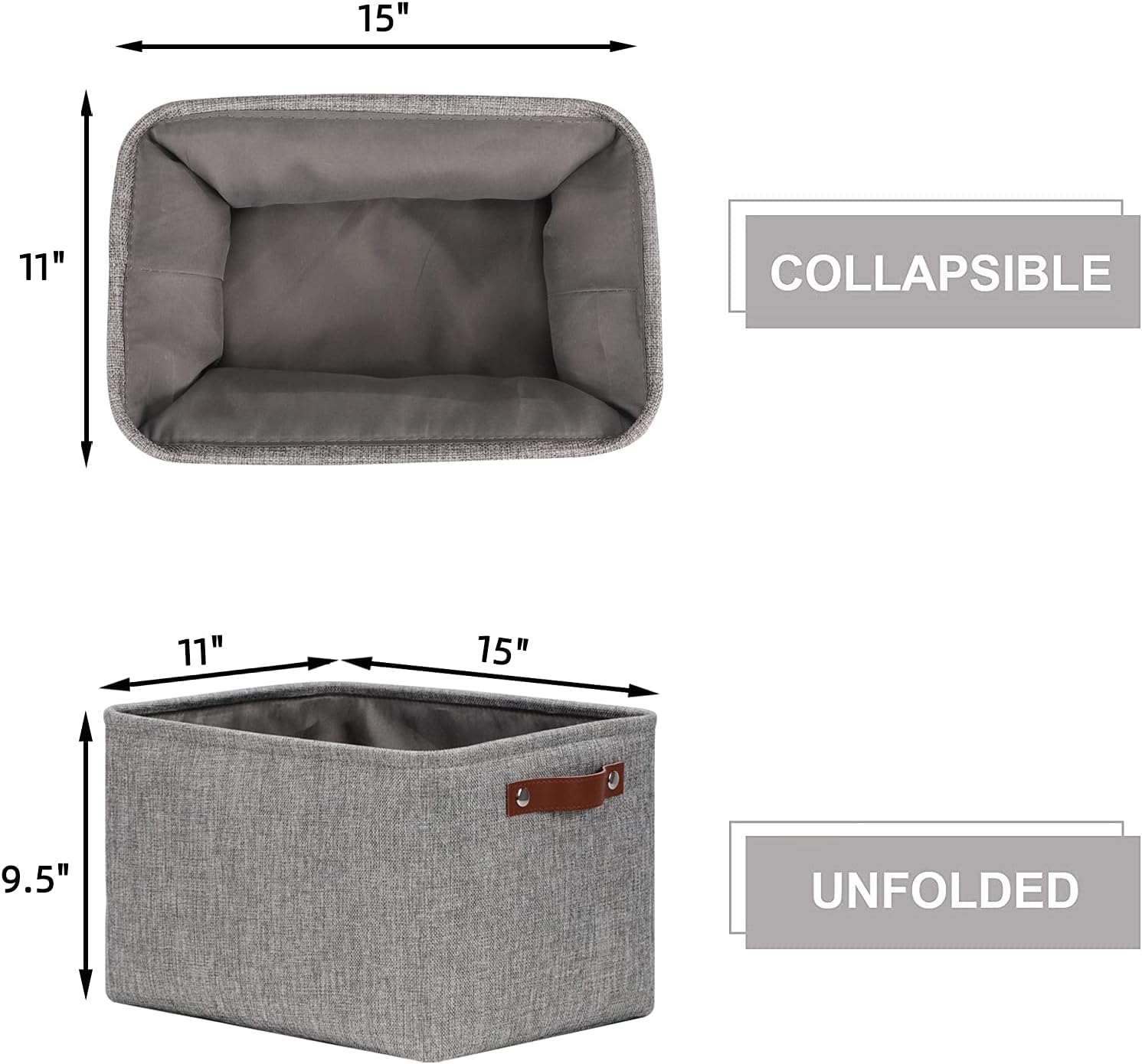HNZIGE Storage Basket Bins(3 Pack) Large Collapsible Storage baskets for organizing Shelf Closet Bedroom, Perfect Storage Box with Handles for Closet, Clothes, Toy, Home?Gray, 15" x 11" x 9.5"?