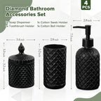 Matte Black Bathroom Accessories Set, 4 Pack Black Bath Accessory Sets Complete, Diamond Glass Soap Dispenser and Toothbrush Holder Set for Countertop, Gothic Decor Organizer Essentials