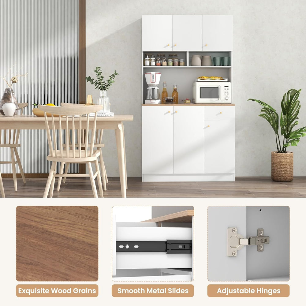 71" Tall Kitchen Hutch, Modern Pantry Storage Cabinet with Power Outlets...