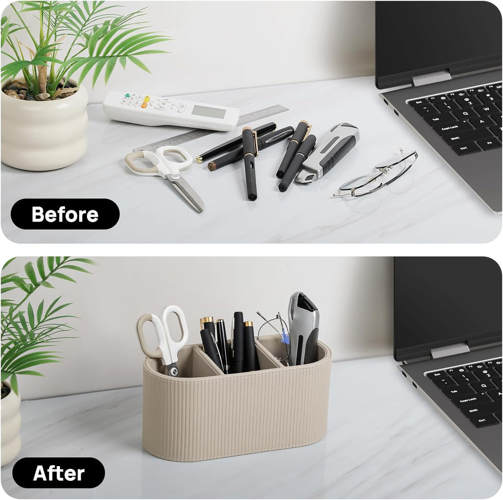 Aesthetic Remote Control Holder, PU Leather Pen Holder for Desk with 3 Compartments for Home Office Supplies and Accessories, Stylish Bedside Remote Holder Nightstand Desktop Organizer (Beige)
