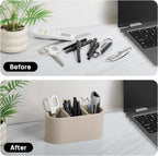 Aesthetic Remote Control Holder, PU Leather Pen Holder for Desk with 3 Compartments for Home Office Supplies and Accessories, Stylish Bedside Remote Holder Nightstand Desktop Organizer (Beige)