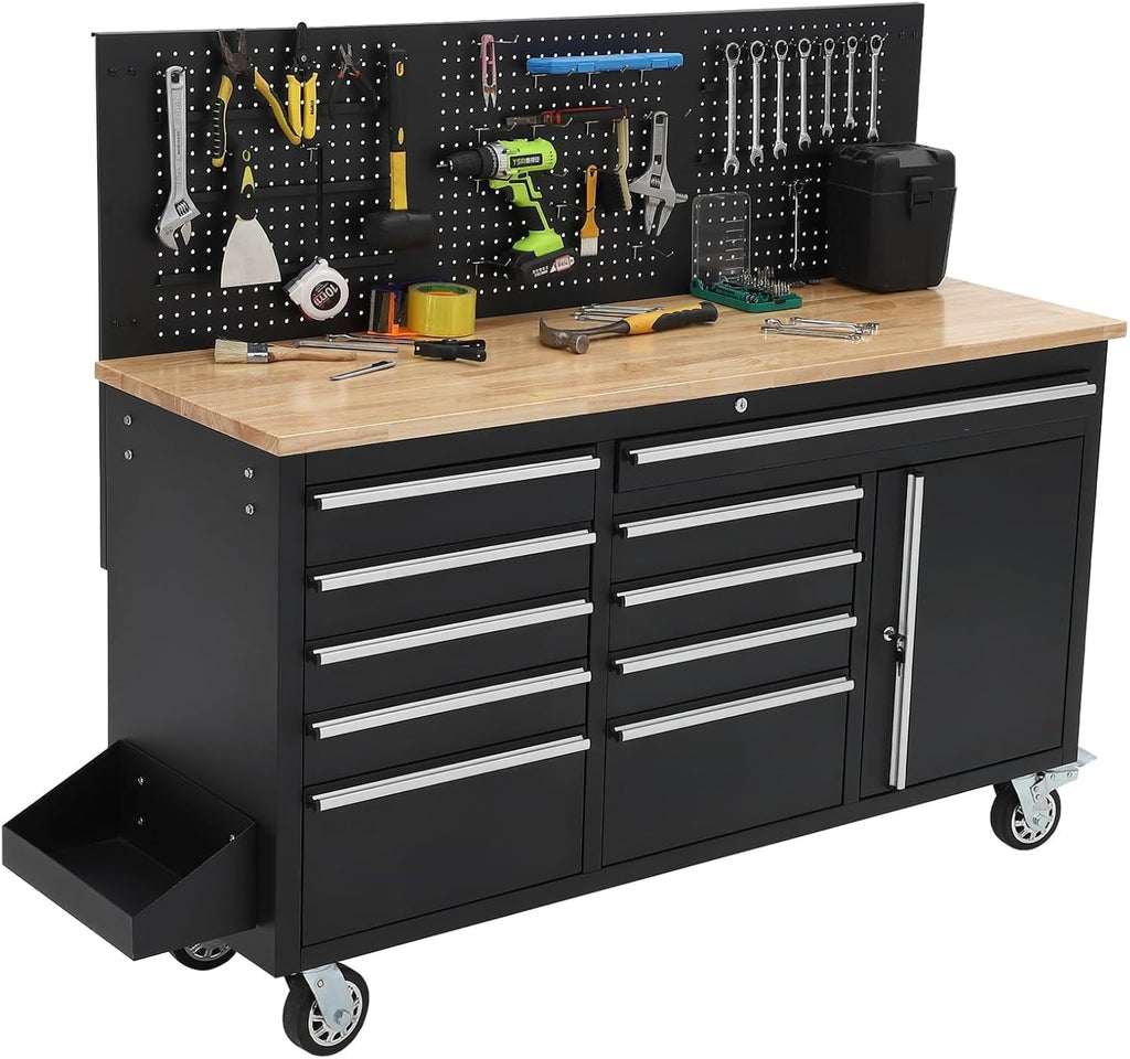 Rolling Tool Chest, 61 in Garage 10 Drawers Workbench Storage Tool Cabinet with Solid Rubber Wood Top, Power Strip, 1675 LBS Load Mobile Workstation, Heavy Duty Rolling Cabinet, Black