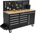 Rolling Tool Chest, 61 in Garage 10 Drawers Workbench Storage Tool Cabinet with Solid Rubber Wood Top, Power Strip, 1675 LBS Load Mobile Workstation, Heavy Duty Rolling Cabinet, Black