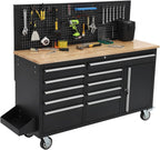 Rolling Tool Chest, 61 in Garage 10 Drawers Workbench Storage Tool Cabinet with Solid Rubber Wood Top, Power Strip, 1675 LBS Load Mobile Workstation, Heavy Duty Rolling Cabinet, Black