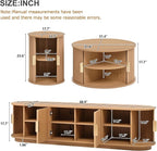 Wooden TV Stand & Coffee Table Set with Fluted Sliding Door for TVs up to 75", Golden Handles Media Console with Cable Hole, Farmhouse Round Center Table for Living Room, Natural, Teak