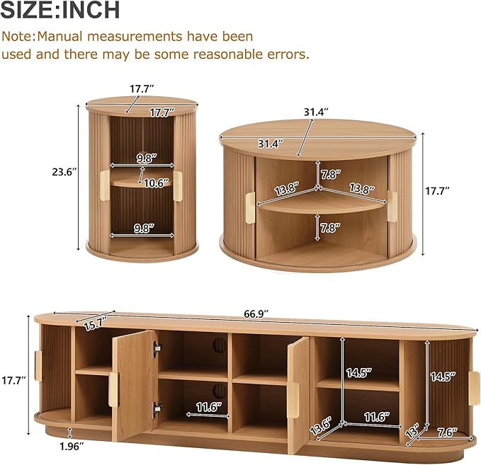Wooden TV Stand & Coffee Table Set with Fluted Sliding Door for TVs up to 75", Golden Handles Media Console with Cable Hole, Farmhouse Round Center Table for Living Room, Natural, Teak