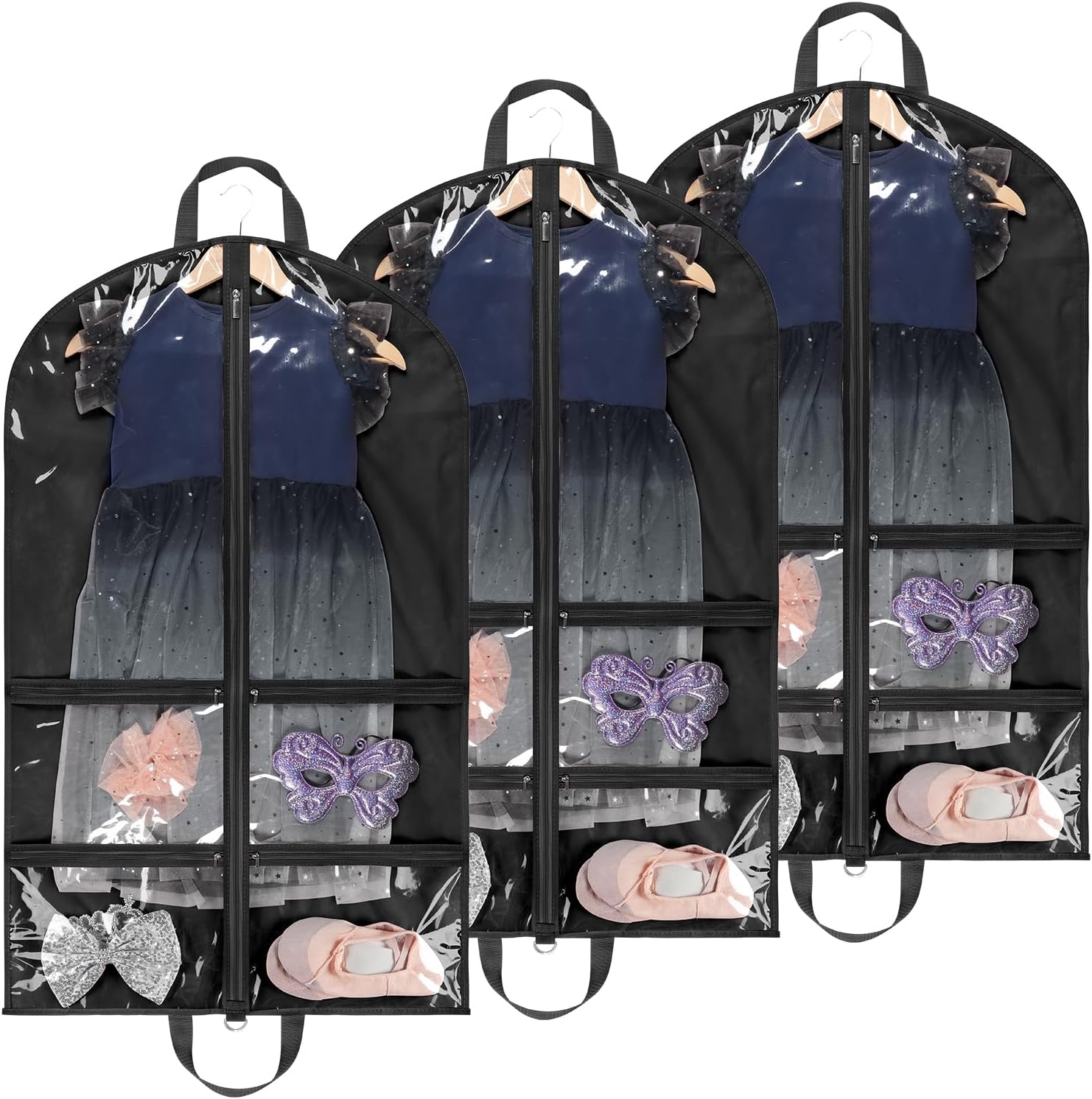 LOVEGRASS Kids Garment Bags for Dance with 4 Zipper Pockets, 3 Pack, Black | 40 Inch Dance Costume Garment Bag, Foldable Dance Competition Garment Bags for Hanging Clothes, Competitions & Travel