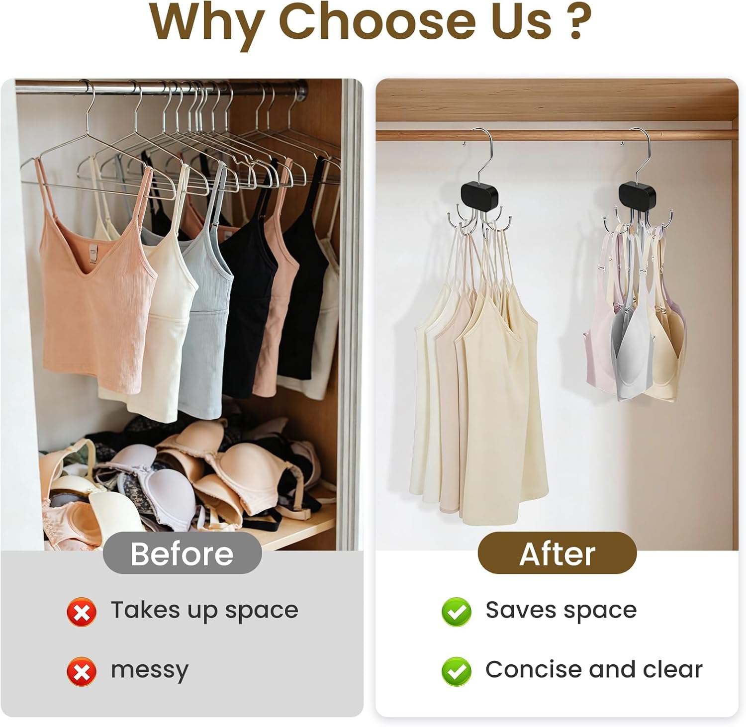 3 Pack Tank Top Hanger, Rotatable Bra Organzier for Closet, Bra Hanger for Closet Organizer, 360° Rotating & Foldable, Metal and Wood, Space-Saving Belt Hangers for Tank Tops, Belt, Tie (Black)