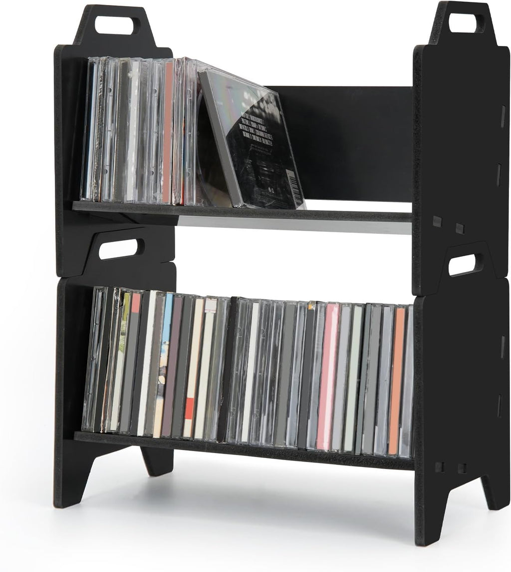 2 Pack Stackable CD Holder Organizer Rack, CD Storage Tower Shelf | Holds up to 56 CD Cases, Jewel Case Display Stand Fit for Theatre Room (Black)