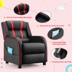 Costzon Kids Recliner, Gaming Recliner Chair w/Side Pockets, Footrest, Headrest & Lumbar Support for Kids Room & Play Room, Adjustable Racing Style Leather Sofa for Children Boys Girls (Red, Black)