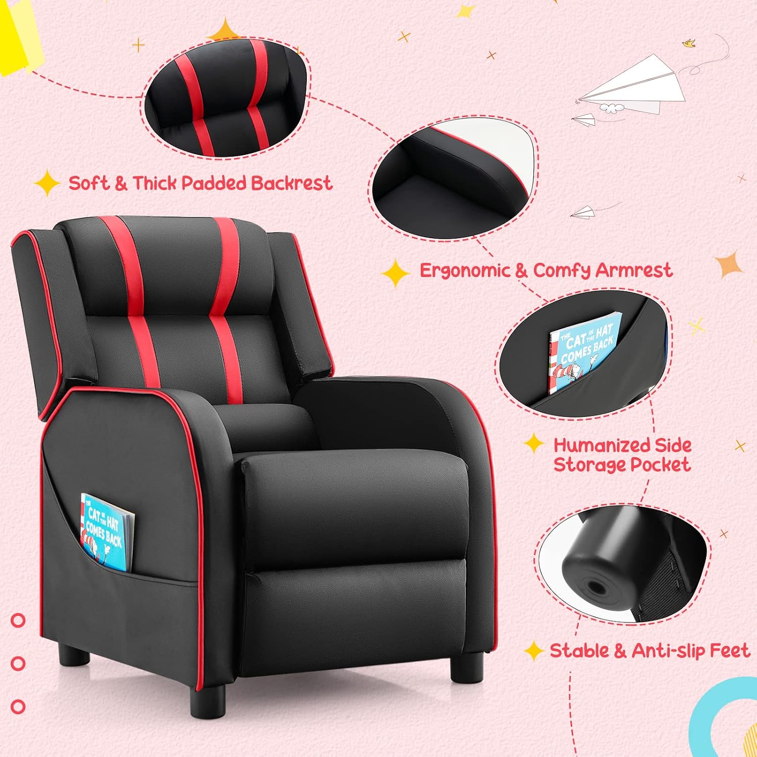 Costzon Kids Recliner, Gaming Recliner Chair w/Side Pockets, Footrest, Headrest & Lumbar Support for Kids Room & Play Room, Adjustable Racing Style Leather Sofa for Children Boys Girls (Red, Black)