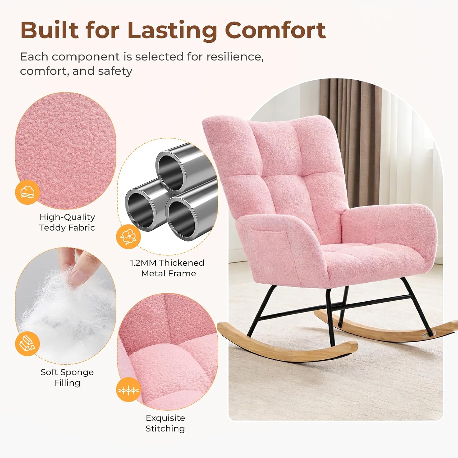 DUMOS Nursery Rocking Chair Teddy Upholstered, Comfy Glider Rocker with High Backrest Armchair Padded Seat, Accent Side Chair for Living Room Bedroom Offices Small Spaces Indoor, Pink