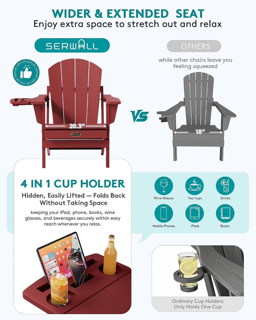 SERWALL Folding Adirondack Chair, 4 in 1 Cup Holder Wood Texture - Red | Outdoor Adirondack Chairs, Plastic Fire Pit Chair with Wood Texture, 4 in 1 Tray, Lawn Chair, Backyard Patio Seating