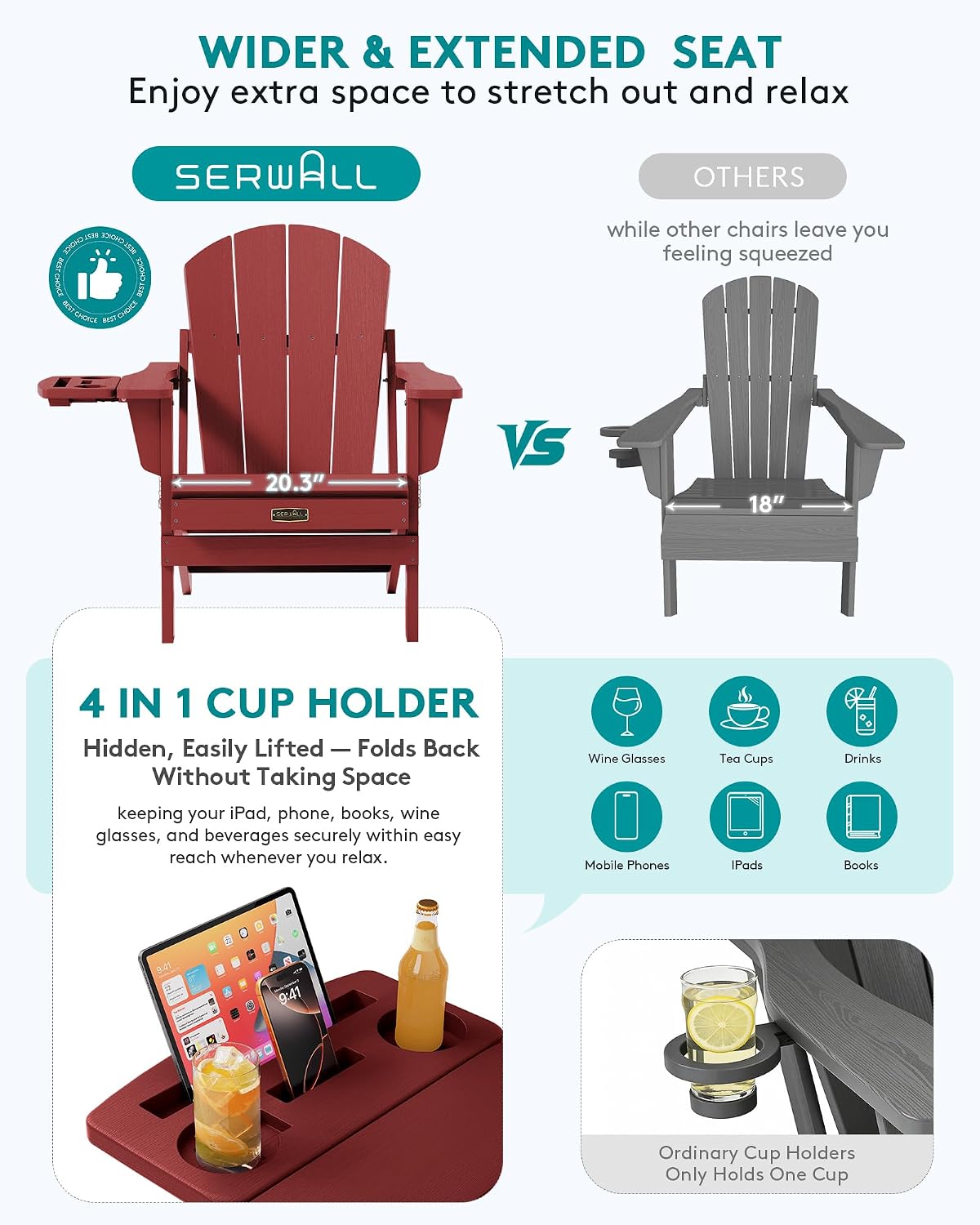 SERWALL Folding Adirondack Chair, 4 in 1 Cup Holder Wood Texture - Red | Outdoor Adirondack Chairs, Plastic Fire Pit Chair with Wood Texture, 4 in 1 Tray, Lawn Chair, Backyard Patio Seating
