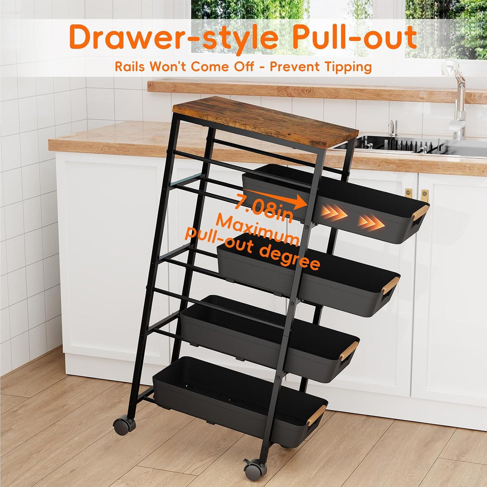 5-Tier Slim Storage Cart, Wooden Top Rolling Kitchen Cart with Pull-Out Baske...