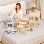 Large Closet Storage Bins - Collapsible Divided Clothes Organizer with Lids & Dual Window, Fabric Organizing Bins for Clothes, Sweater, Toys, Bedroom, Office (Beige, 3 Pack)