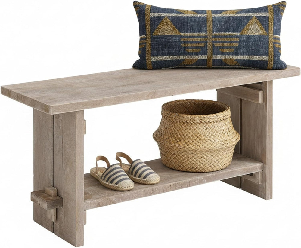 Alaterre Furniture Bethel Entryway Bench with Storage Shelf – Rustic Farmhous...