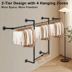 Livabber Industrial Pipe Clothes Rack, Heavy Duty Detachable Iron Garment Rack Wall Mounted, Rustic Saving Space Clothes Bar Multi-Purpose Hanging Rod for Bedroom, Closet, 2 Tier, Black (82 Inch)