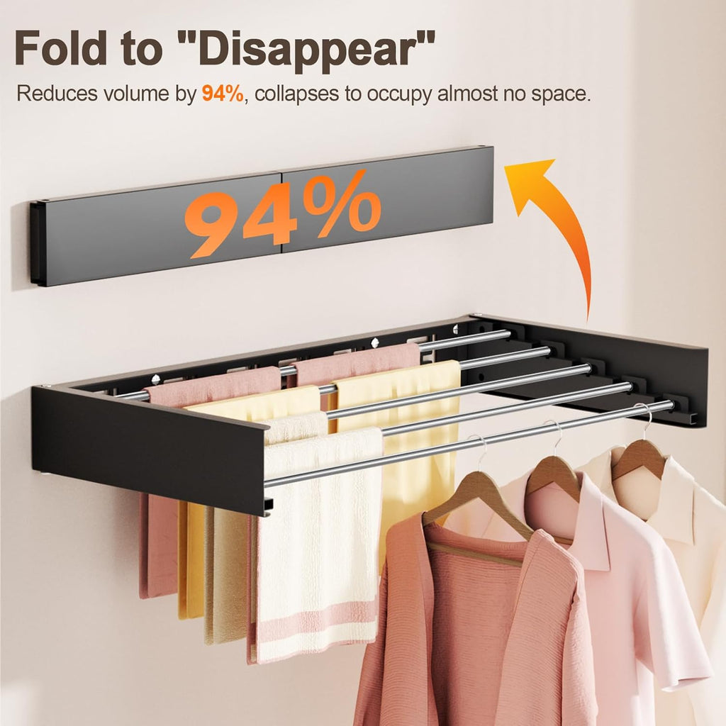 Wall Mounted Clothes Drying Rack Folding Indoor, Foldable Laundry Drying Rack Collapsible,Invisible, Space Saving, Retractable Towel Drying Rack, with Wall Template(6 Drying Rods, Black 40")