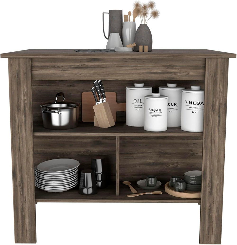 Kitchen Island with Four Legs and Three Shelves in Dark Brown | Three storage...