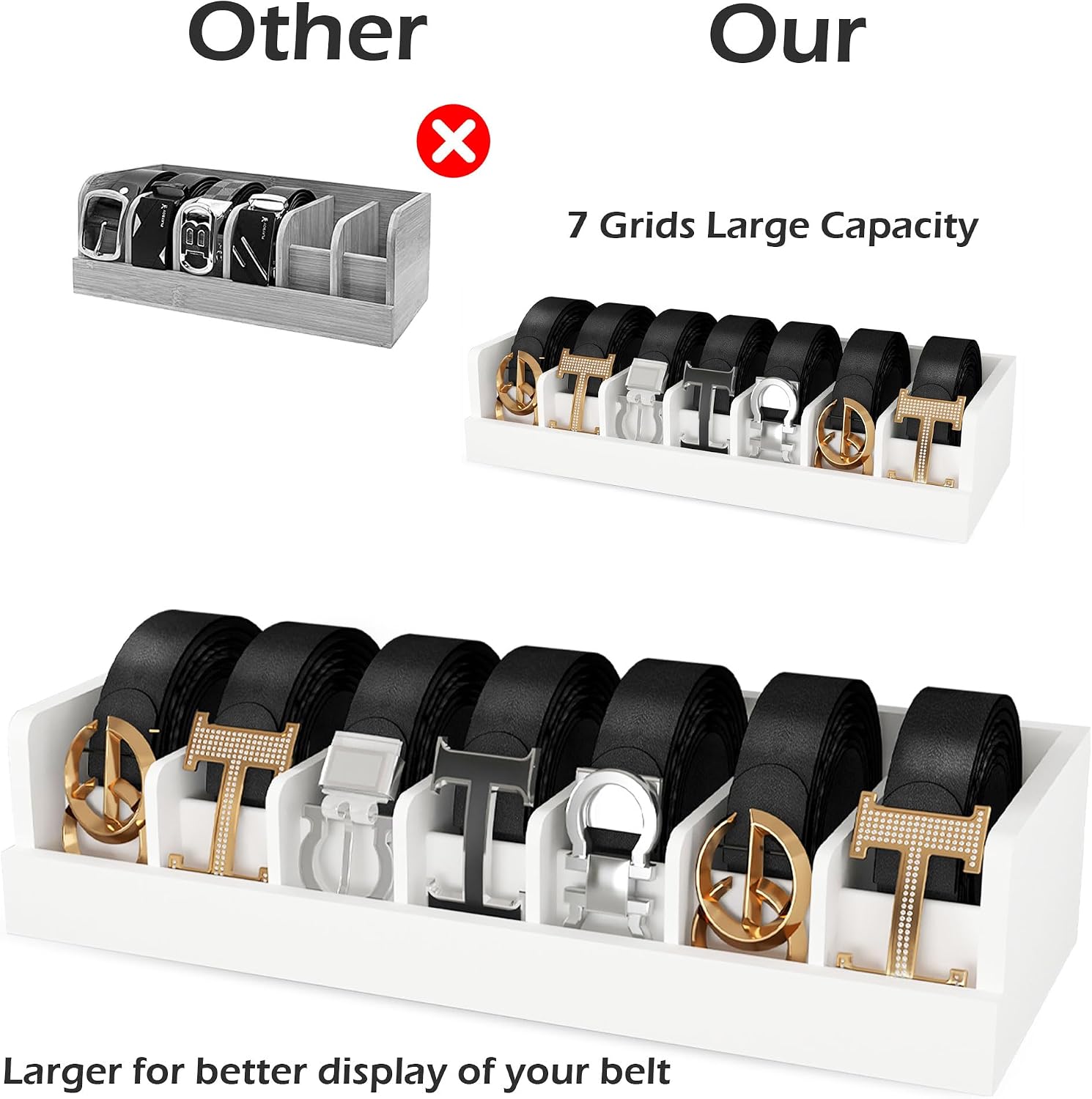 Belt Organizer for Drawer - Bamboo Belt Storage Organizer | Belt Rack for Closet Wall Mount Men Women Tie Sock Bra Scarf Ribbon(White, 2 * 7Grids)