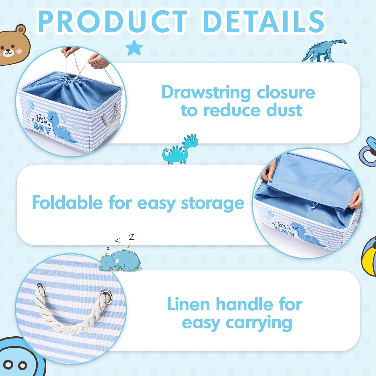 Nursery Storage Dinosaur Baby Storage Basket for Baby Shower Dinosaur Basket with Drawstring Closure 15.75 x 11.81 x 8.27 Inches Collapsible Gift Bin for Diaper Toy Nursery Room