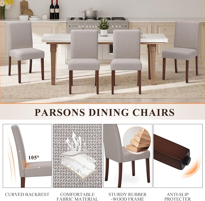 Upholstered Dining Chairs Set of 6, Modern Fabric Dining Room Chair, Wooden Dining Chair, Kitchen Side Chairs, Farmhouse Dinner Chair with High Back for Kitchen, Brown