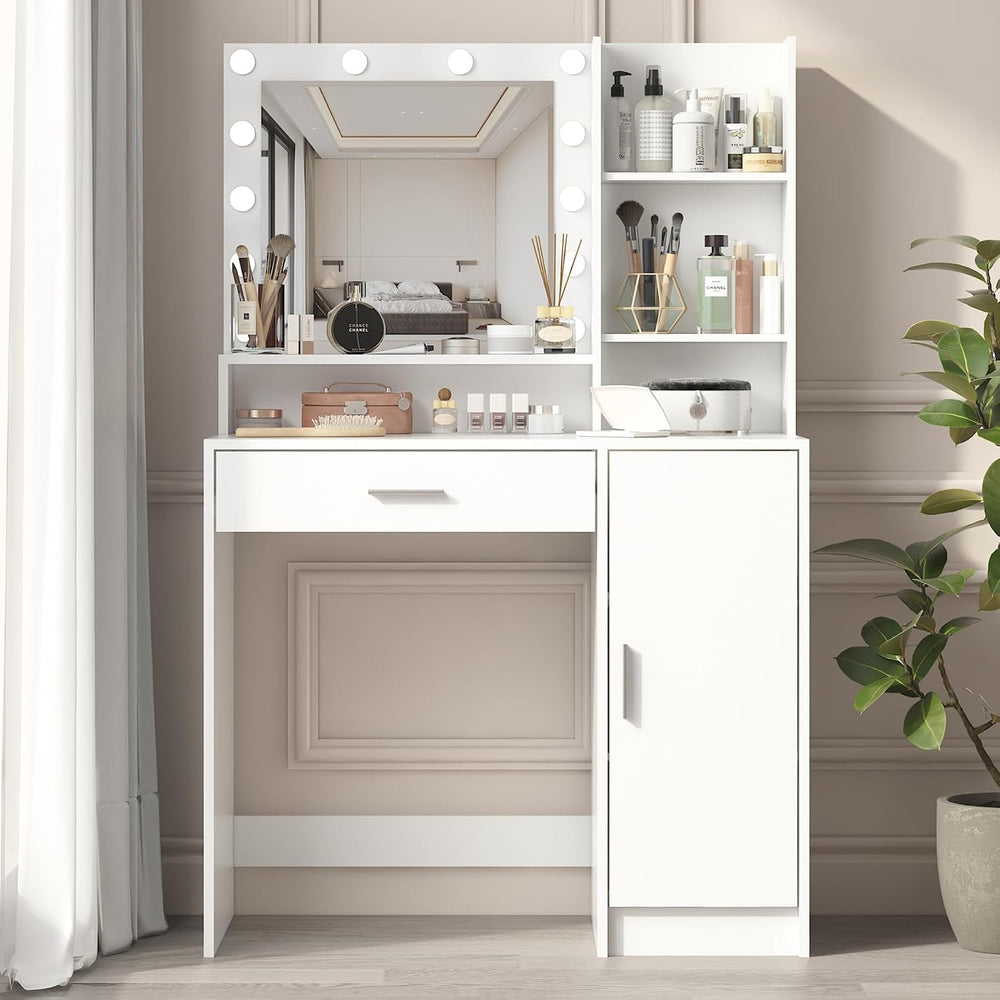 Vanity Desk with Mirror & Light, Three Level Storage Dresser & Large ...