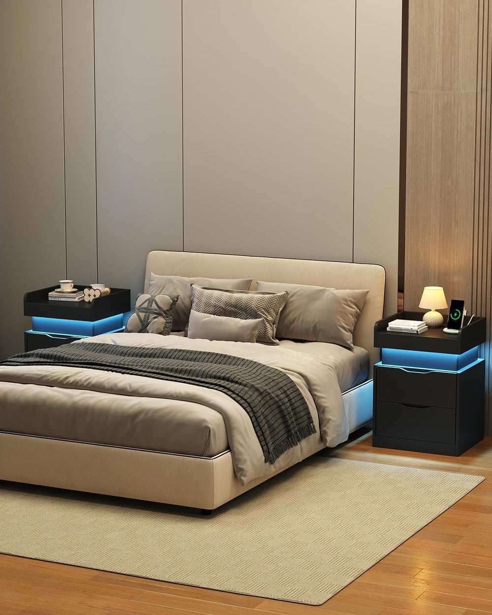 Modern Nightstand with Sliding Top, Night Stand with Charging Station and LED...