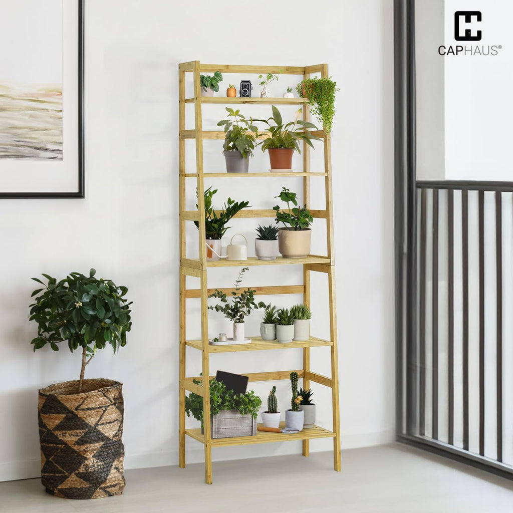 CAPHAUS Bookshelf, 5-Tier Bookcase, Tall Ladder Shelf with Bamboo Frame,Freestanding Storage Shelves Display Rack, for Living Room,Home Office,Bedroom,Kitchen,Plant Stand,Bathroom,Natural