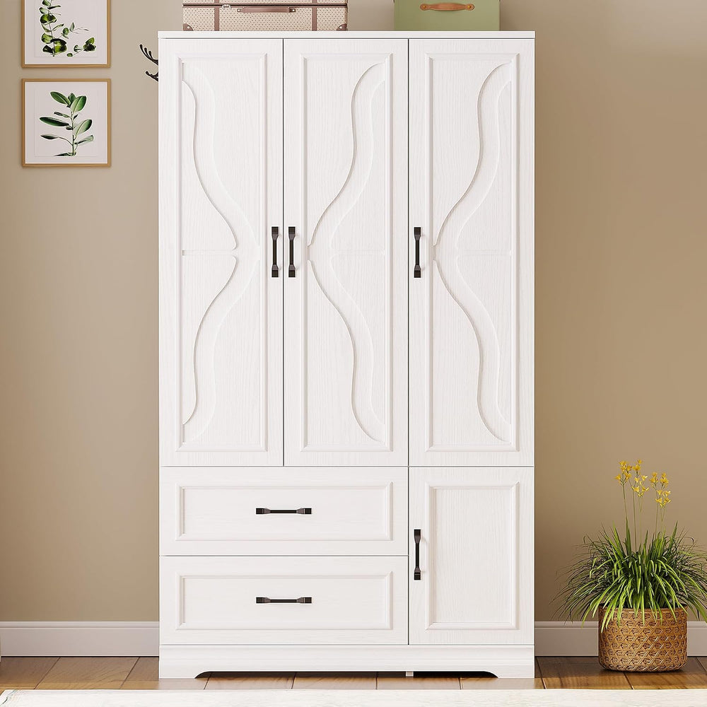 LIKIMIO Armoire Wardrobe Closet with 4 Doors and Drawers, White | Wardrobe Ca...