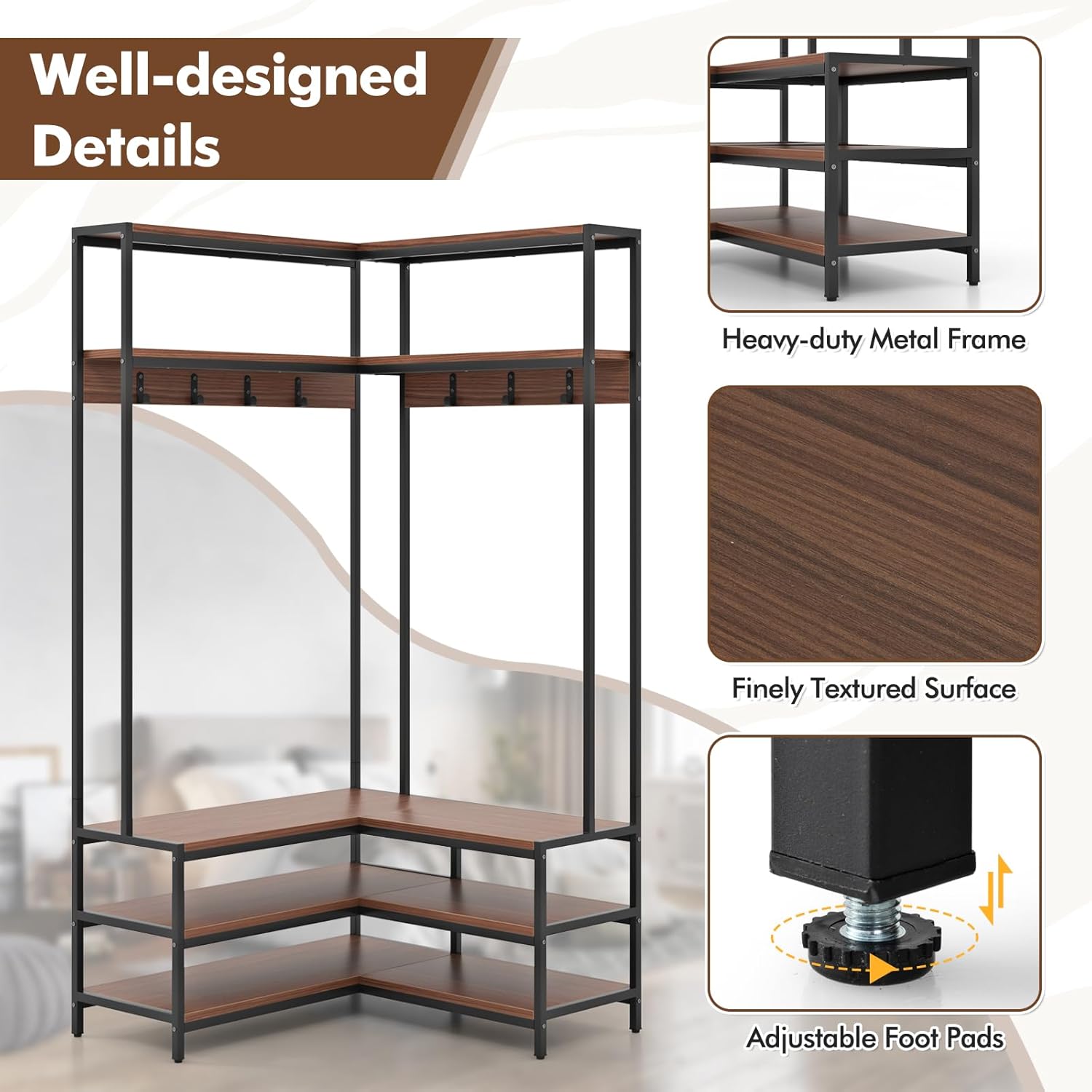 Tangkula Corner Hall Tree, 70 Inch Coat Rack with Bench and Shoe Storage, Entryway Furniture with 7 Hooks, Heavy Duty Metal Frame, Space Saving Clothes Rack Shoes Shelf Organizer (Brown)
