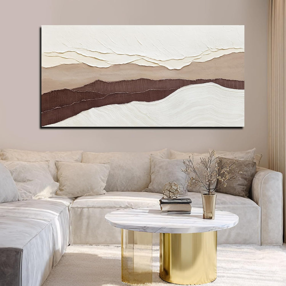 LEVERUP Beige and Brown Abstract Canvas Textured Wave Wall Art 29x58 inch Lar...