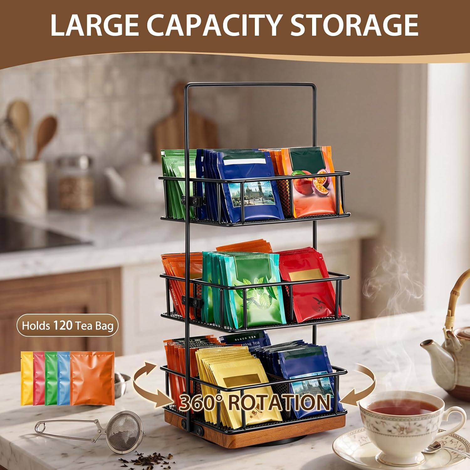 3 Tier Rotating Tea Bag Organizer, Iron and Acacia Wood 360°Spinning Carousel 150 Teabags Holder with Handle for Easy Moving, 12 Compartment Caddy for Pantry Kitchen Office Gift Giving(No Assembly)